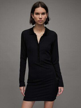 AllSaints Holly Ribbed Polo Mini Dress Black US 2